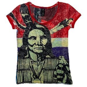Custo Barcelona Vintage Y2K 90s Top Indian Chief Rhinestones Mesh Trim T-Shirt 2